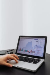 Person reviewing financial data and graphs on a laptop